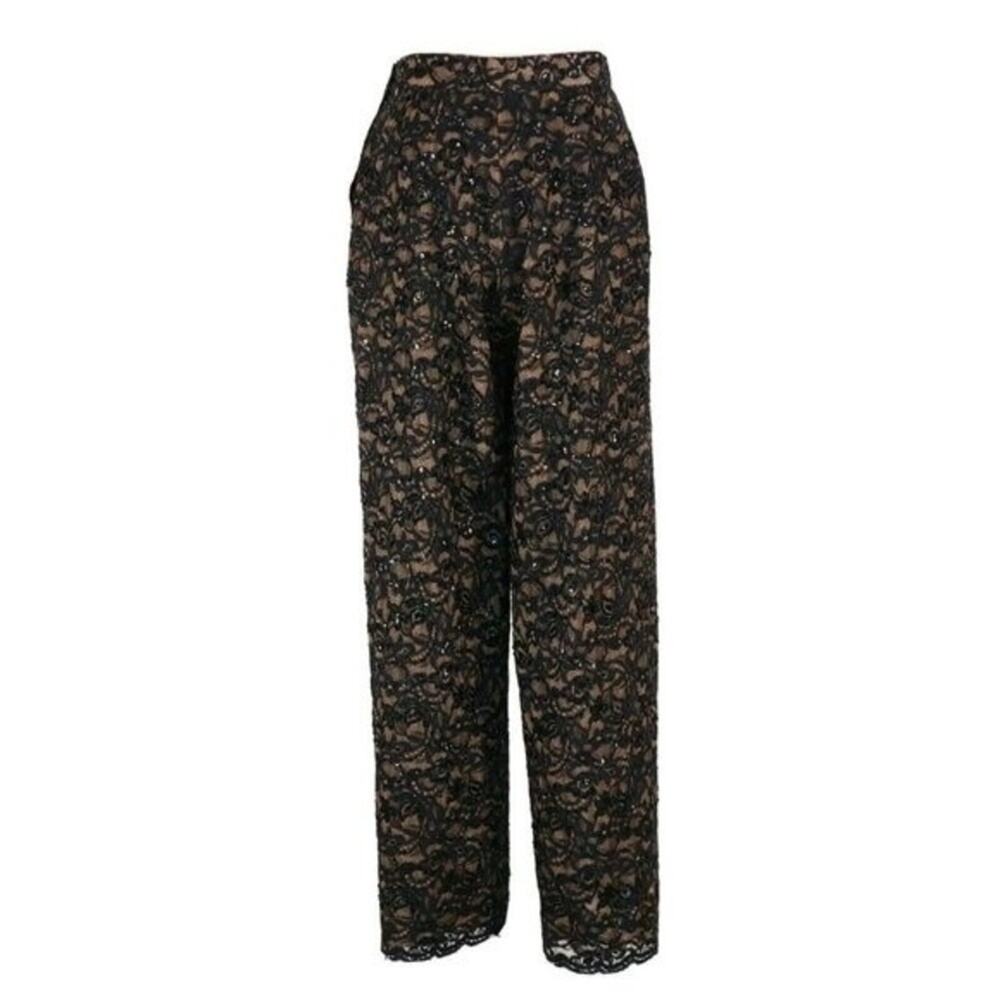 Emanuel Ungaro Black Lace Nude Lined Beaded Sequin Evening Pants Size 10 / 44